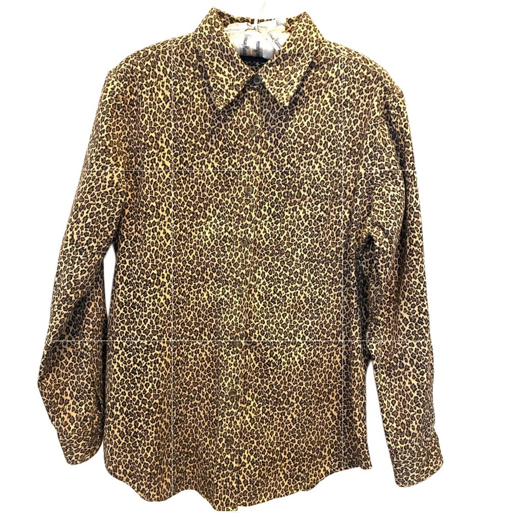 KRAZY KAT Leopard Pattern Button Down Shirt, Size Medium.